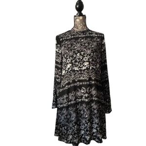 As U Wish Women's M Black&White Rayon Boho Floral Mini Lined Sleeved Tunic Dress